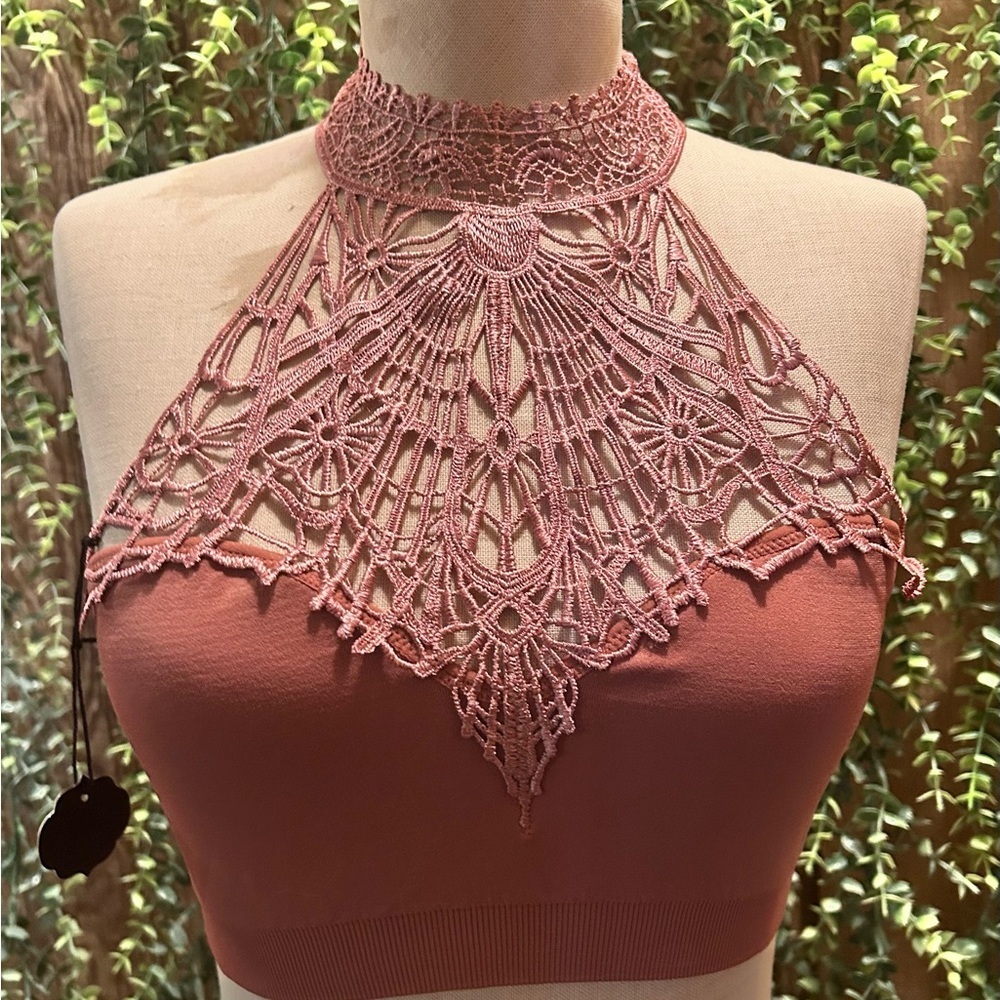 NWT Lace Halter Crochet Detail Bralette-Dusty Rose - Picture 1 of 3